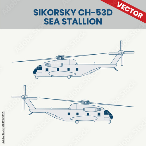 Technical Line Drawing of Helicopter Sikorsky CH-53D Sea Stallion 2D Engineering Rendering Sketch Vector Illustration Side View Right and Left Angle