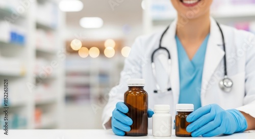 A smiling healthcare professional in a white coat and blue gloves stands behind a counter, presenting three different medicine bottles. The background blurred pharmacy shelves filled with medications.