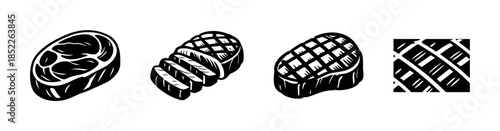 Grilled steak variety, cuts, grill marks, black and white, flat vector illustration
