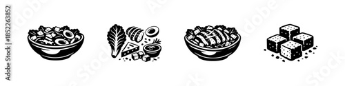 Salad ingredients, bowls, cheese, tofu and olives, flat vector illustration