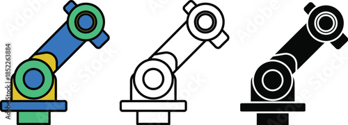 Three colorful robotic arms in different colors and styles industrial robot mechanical arm