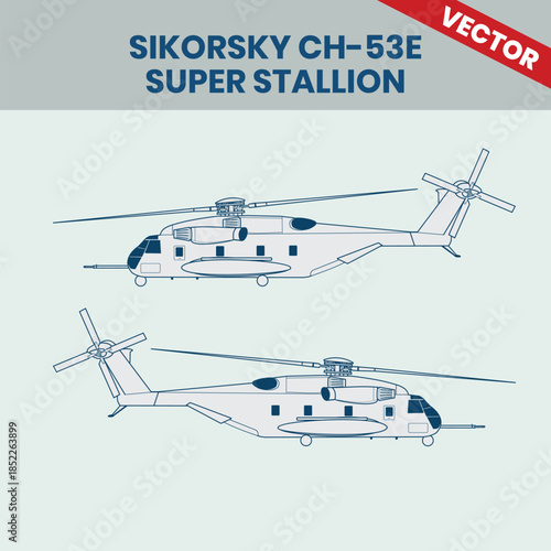 Technical Line Drawing of Helicopter Sikorsky CH-53E Super Stallion 2D Engineering Rendering Sketch Vector Illustration Side View Right and Left Angle