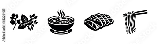 Ramen noodle soup elements, flat vector illustration with herbs and chopsticks