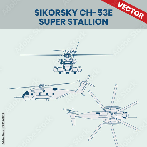Technical Line Drawing of Helicopter Sikorsky CH-53E Super Stallion 2D Engineering Rendering Sketch Vector Illustration Front Side and Top View Angle
