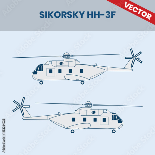 Technical Line Drawing of Helicopter Sikorsky HH-3F 2D Engineering Rendering Sketch Vector Illustration Side View Right and Left Angle