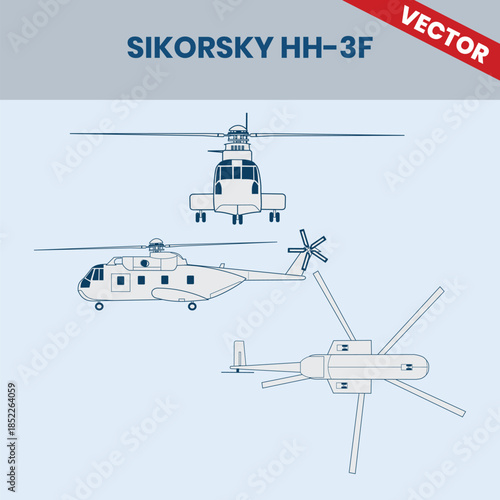 Technical Line Drawing of Helicopter Sikorsky HH-3F 2D Engineering Rendering Sketch Vector Illustration Front Side and Top View Angle