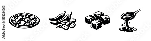Mexican cuisine elements, chili, beans, chocolate and sauce, flat vector illustration