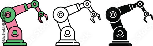 Three colorful robotic arms with grippers in a row on white background industrial robot