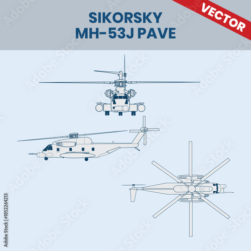 Technical Line Drawing of Helicopter Sikorsky MH-53J Pave 2D Engineering Rendering Sketch Vector Illustration Front Side and Top View Angle