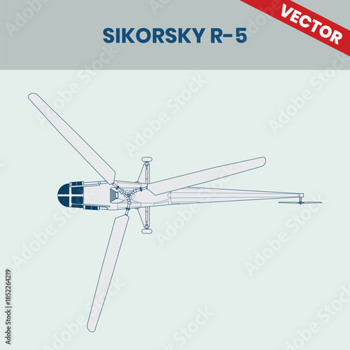 Technical Line Drawing of Helicopter Sikorsky R-5 2D Engineering Rendering Sketch Vector Illustration Top View Angle