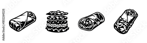 Mexican food, burritos, tacos, flat vector illustration, black and white style