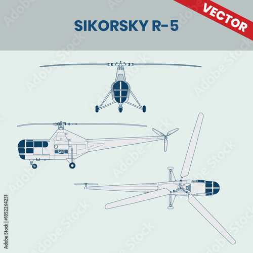 Technical Line Drawing of Helicopter Sikorsky R-5 2D Engineering Rendering Sketch Vector Illustration Front Side and Top View Angle