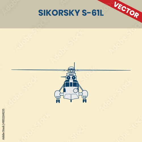 Technical Line Drawing of Helicopter Sikorsky S-61L 2D Engineering Rendering Sketch Vector Illustration Front View Angle