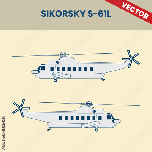 Technical Line Drawing of Helicopter Sikorsky S-61L 2D Engineering Rendering Sketch Vector Illustration Side View Right and Left Angle