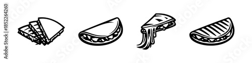 Taco, quesadilla, pizza slice, and calzone, flat vector illustration in black and white