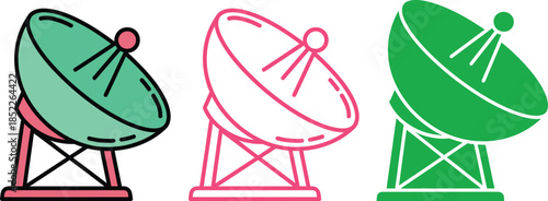 Three colorful satellite dishes with green pink and teal colors