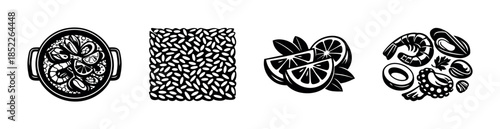 Black and white seafood and spices, lemon slices and seeds, flat vector illustration