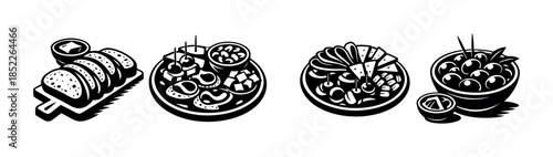 Appetizer platter collection, olives, bread and cheese, flat vector illustration