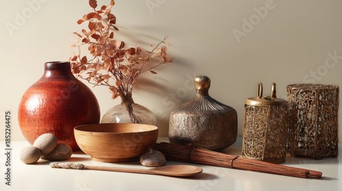 Warm pottery and wooden objects styled for rustic home décor and handmade product branding photography visuals