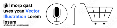 E-commerce, voice search, shopping, digital marketing, consumer trends, technology. Black microphone circle, upwards arrow and shopping cart. E-commerce and voice search for digital platforms