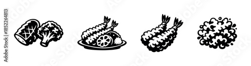 Tempura shrimp and vegetables, flat vector illustration with fried food elements