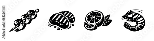 Seafood vector illustration, shrimp, skewers, lemons, flat vector style