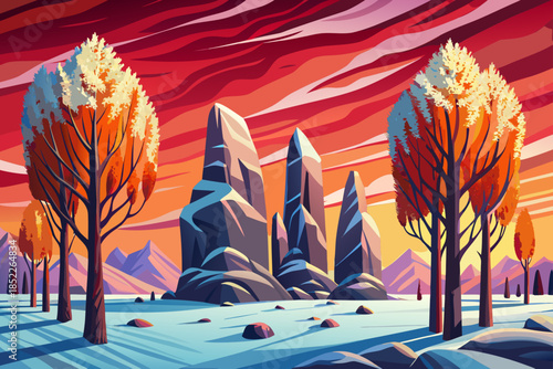 Poplar trees rise from an open snow covered field, creating a minimal winter landscape emphasizing height, spacing, and clean seasonal composition