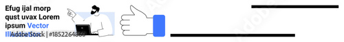 Online engagement, social media, digital communication, feedback, user interaction, content sharing. A person with a laptop points at a thumbs-up icon. Online engagement and social media concept