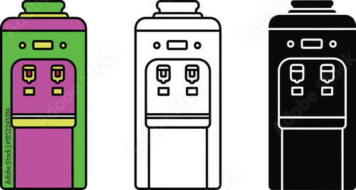 Three colorful vending machines with drink dispensers and buttons in green purple and black