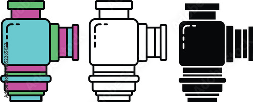 Three colorful vintage camera lenses with different colored rings and filters retro