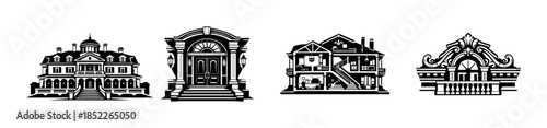 Elegant mansion designs, doors and architecture, flat vector illustration