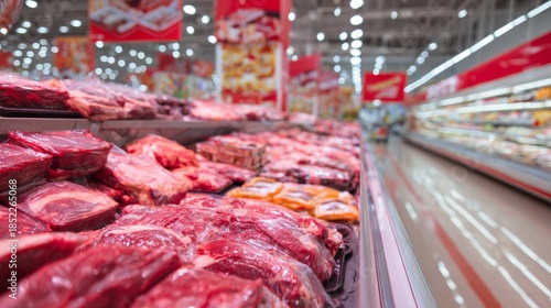 Raw meat displayed in supermarket aisle with red lighting for product packaging and food industry branding photography visuals