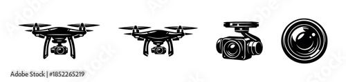 Drone and camera icons, quadcopter lens, flat vector illustration