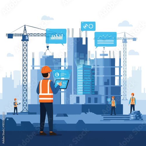 Construction site manager with digital tablet and building plans.