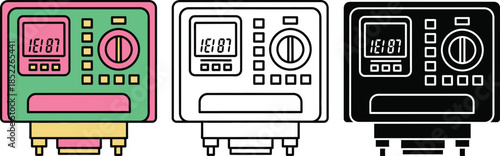 Three digital thermostat control panels with green pink and black color schemes temperature display