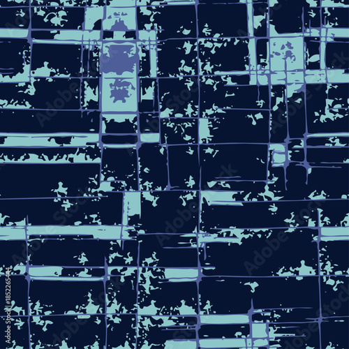 Full Seamless cyber tile grid pattern. Dark blocks print background with glitch urban texture. Futuristic surface for streetwear, posters, wallpaper, fabric, branding.