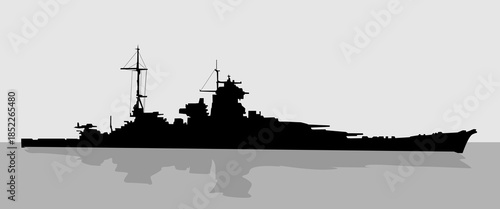 A silhouette of a World War II warship at sea, reflected in the water. Grayscale vector illustration for your naval-themed illustrations.