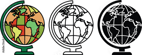 Three globes with different color schemes on green stands continents black