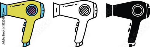 Three hair dryers in yellow, black and white with different colored buttons and vents