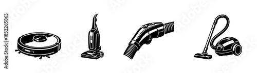 Vacuum cleaner collection, flat vector illustration, appliances, household tools