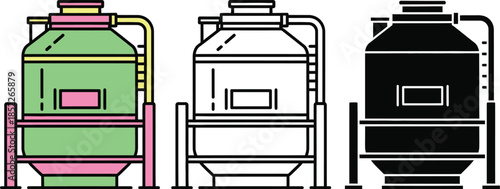 Three industrial tanks with different colors and connections on stands containers green