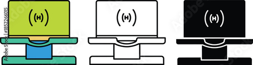 Three Laptops with Different Screen Colors and Wi Fi Symbols on Green Black and White Backgrounds