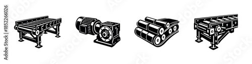 Conveyor belt and machinery, flat vector illustration, industrial equipment, black