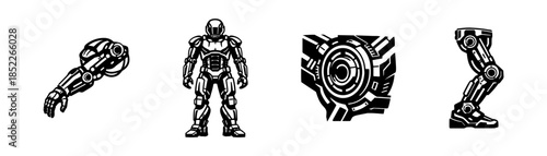 Robotic exosuit design, futuristic armor, flat vector illustration
