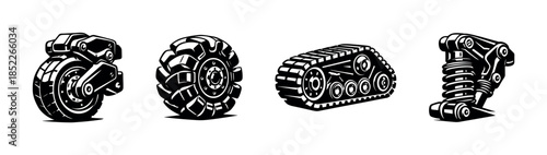 Mechanical components, wheels and suspension, flat vector illustration