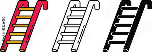 Three ladders in red black and white with yellow rungs isolated on white background