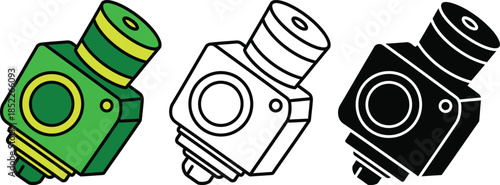 Three mechanical connectors in green yellow and black colors with circular ends and cylindrical bodies