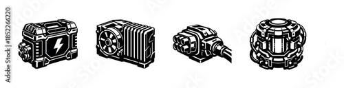 Futuristic technology devices, sci-fi components, machinery, flat vector illustration