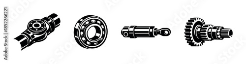 Mechanical components, flat vector illustration, gears, bearings, hydraulic parts