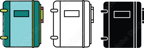 Three notebooks with binders and labels in teal blue, gray, and black colors